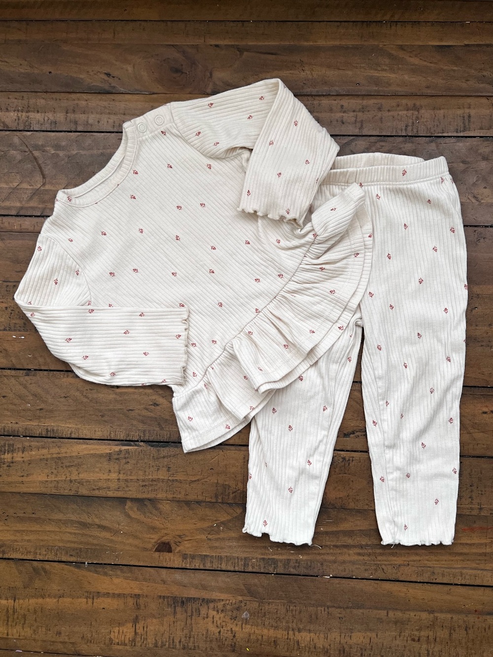 Cream Ribbed Ruffle Kids Pajama Set with Pink Floral Print